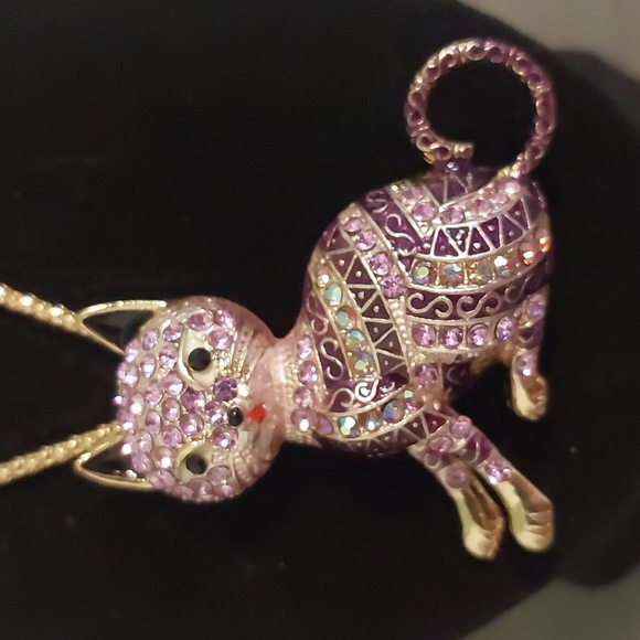Betsey Johnson Purple Rhinestone Cat Brooch Pendant Necklace 26" - Picture 9 of 17